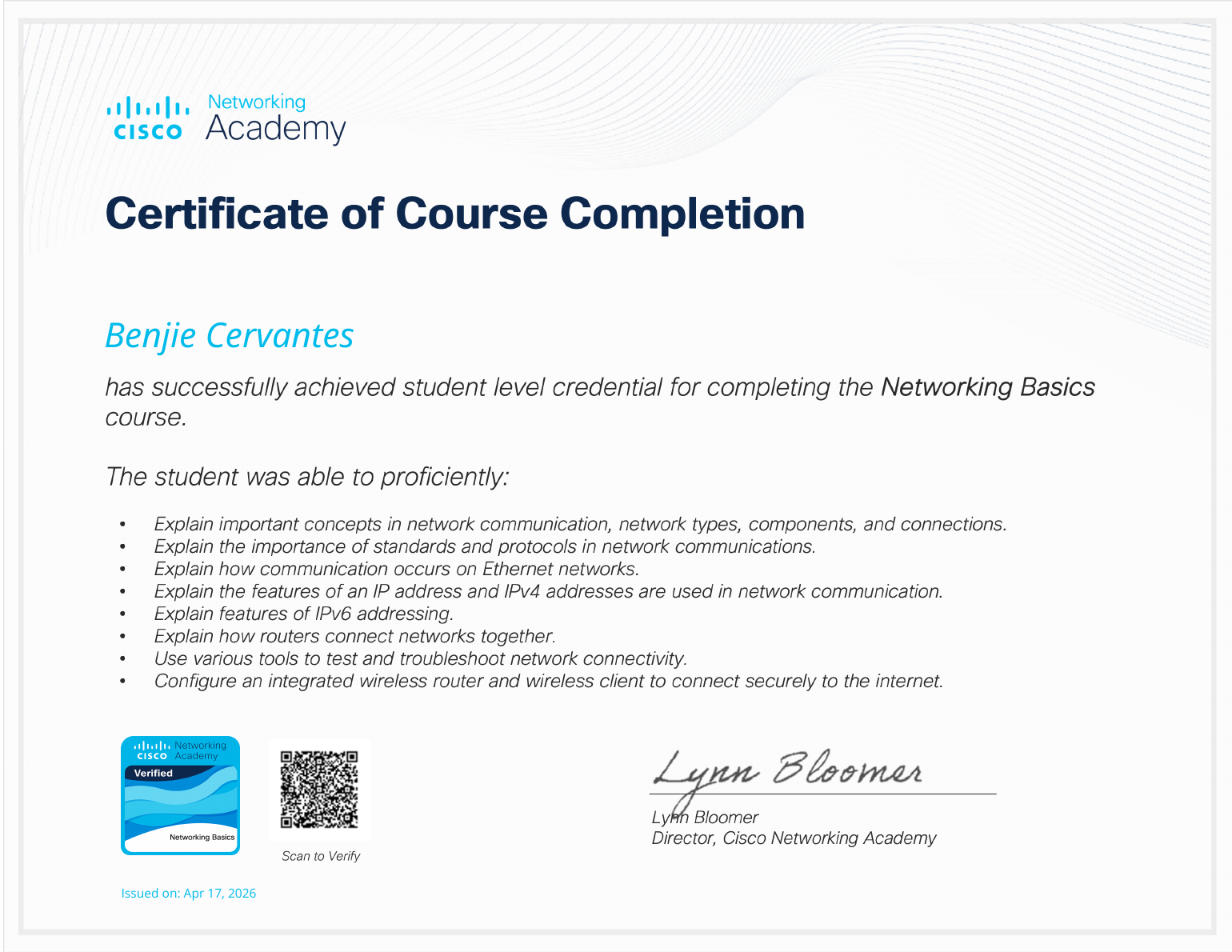 Networking Basics Cisco Networking Academy certificate