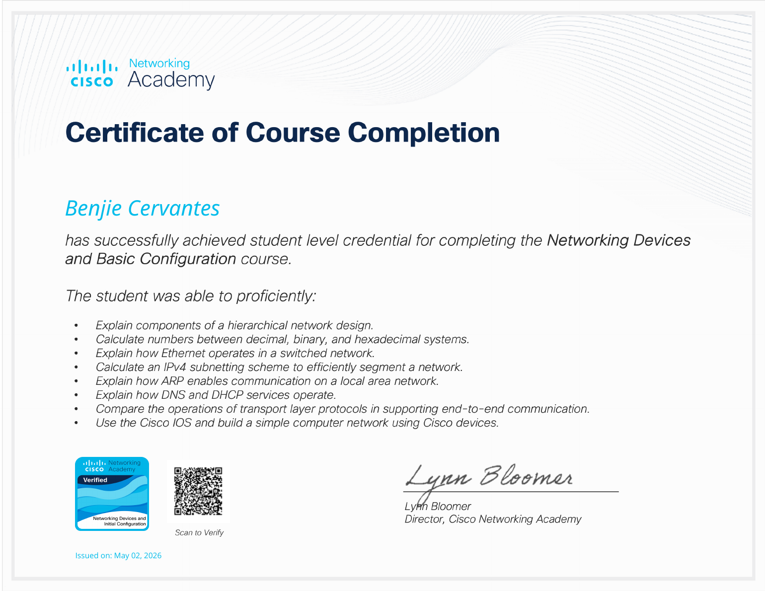 Networking Devices and Basic Configuration Cisco Networking Academy certificate